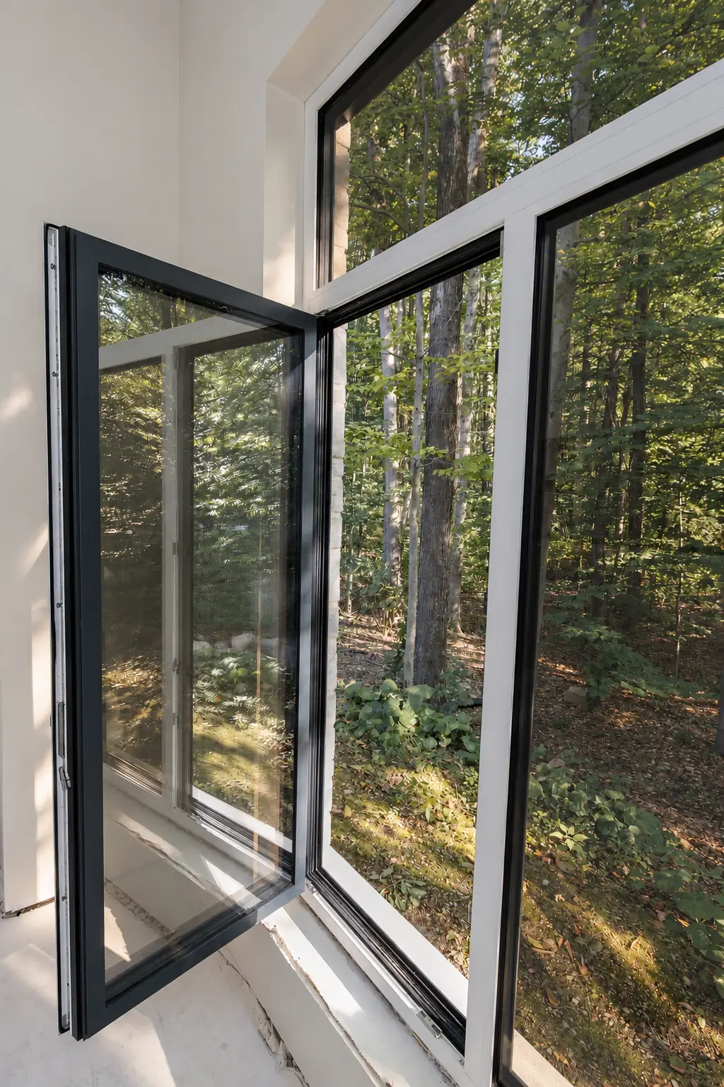 Open window sash seen at an angle, dark on its outer face and white inside, with the forest beyond