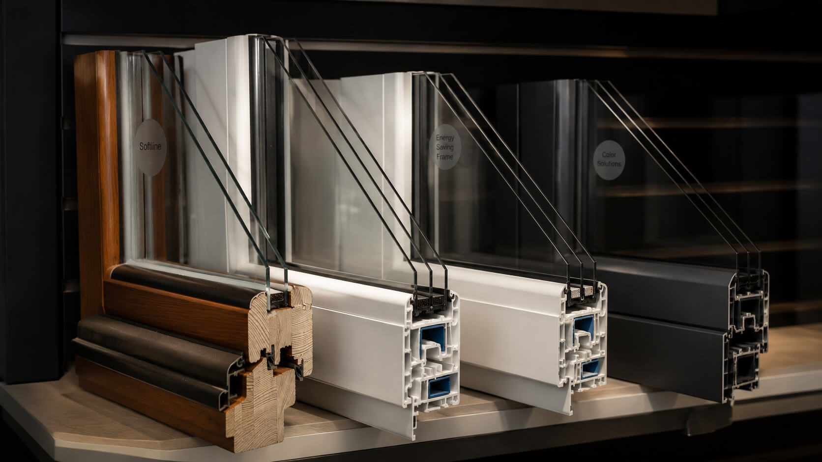European window profile and finish samples with wood, white and dark frame options at the EDKAN showroom
