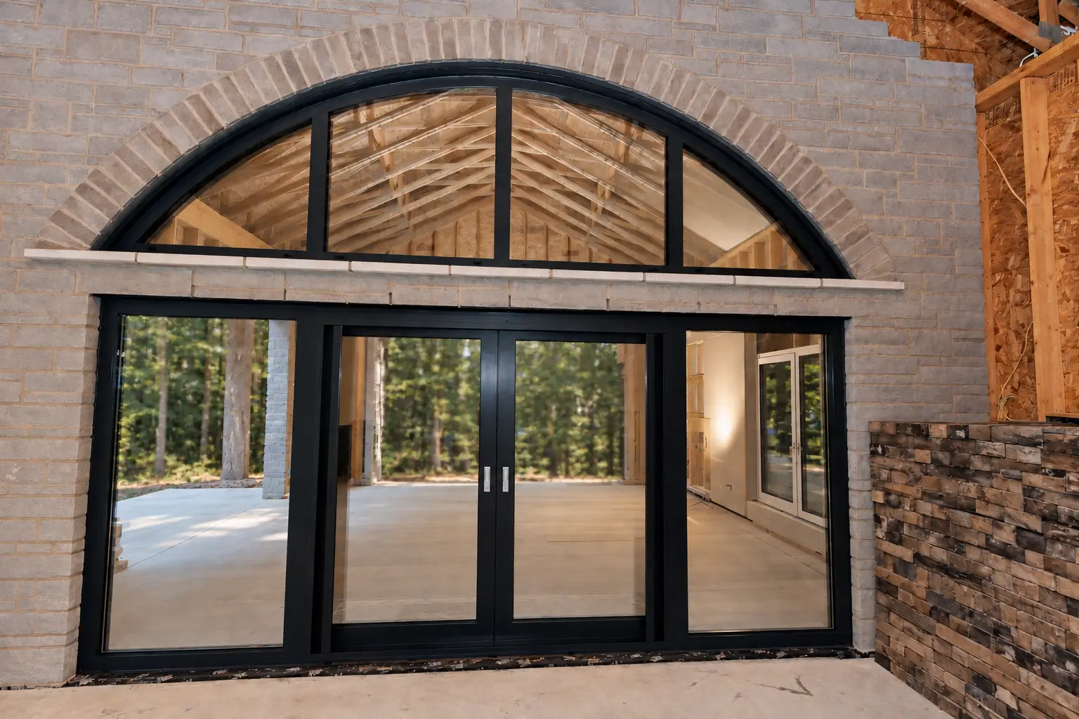 Dark-framed arched glazing above four full-height glazed door panels, set in a grey stone wall, with timber roof framing visible through the glass