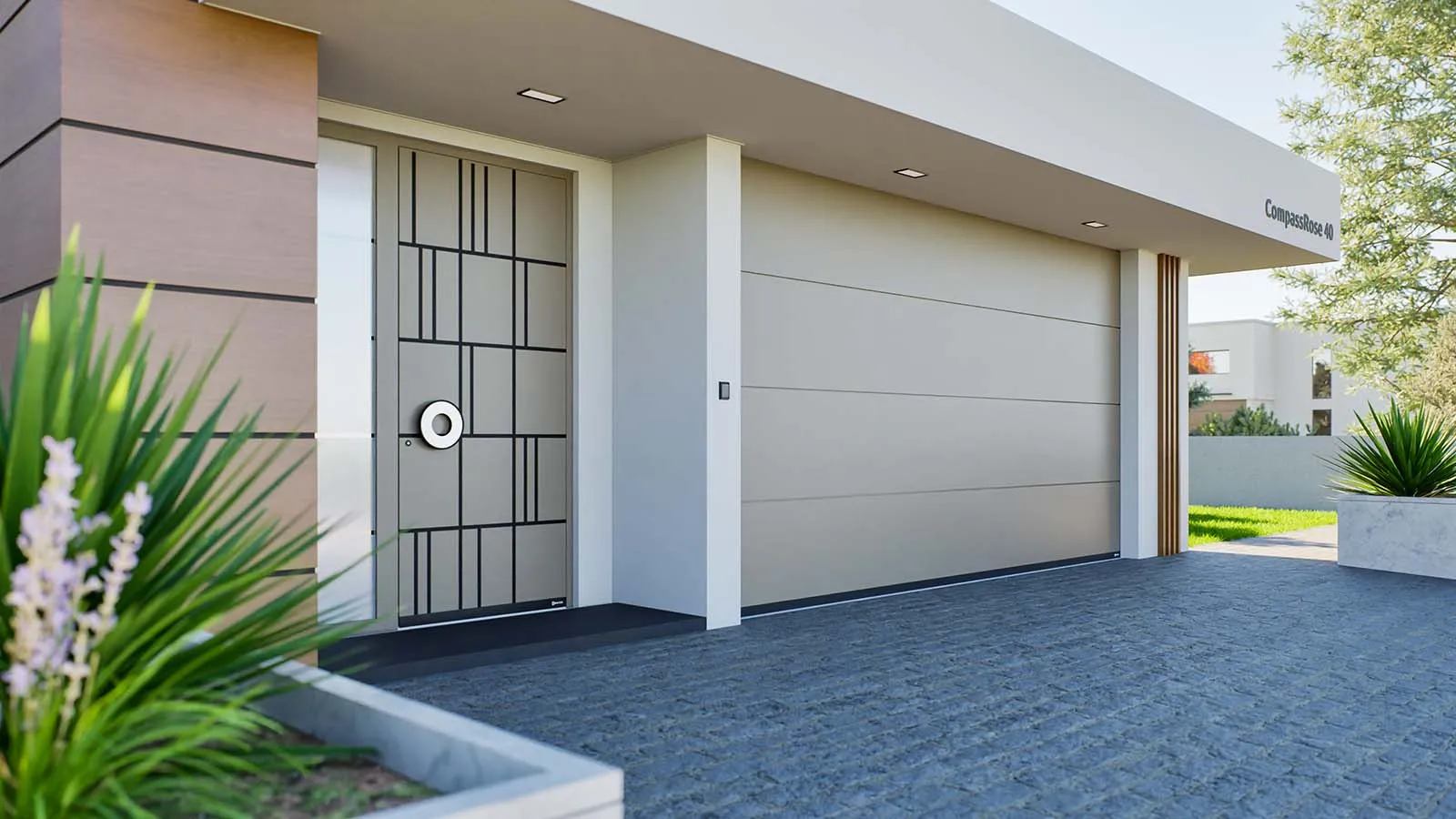 D-GATE sectional garage door on a modern home facade