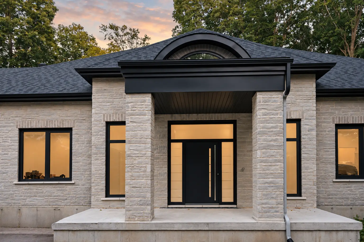 Entry at dusk: a dark door with a long vertical handle, frosted sidelights and a transom between stone columns