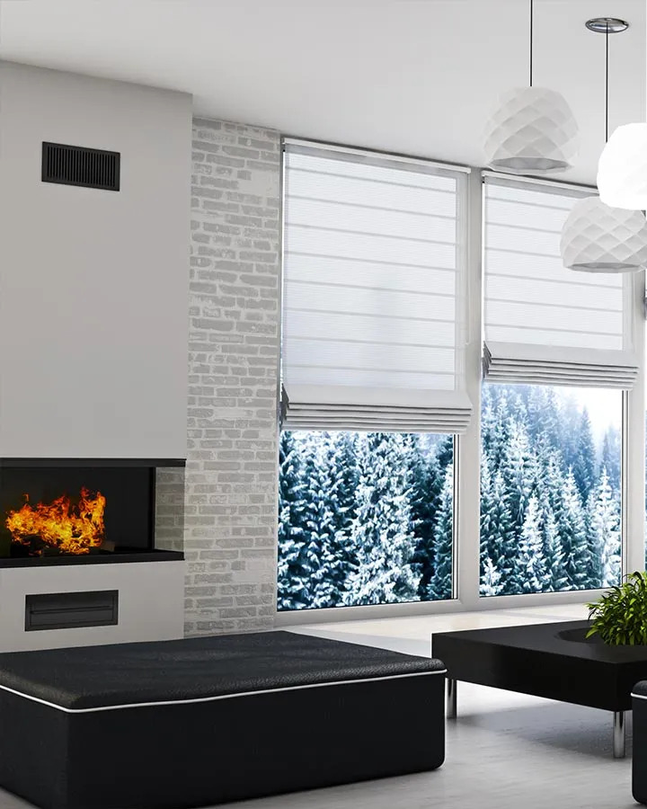 European window interior with winter view and fireplace