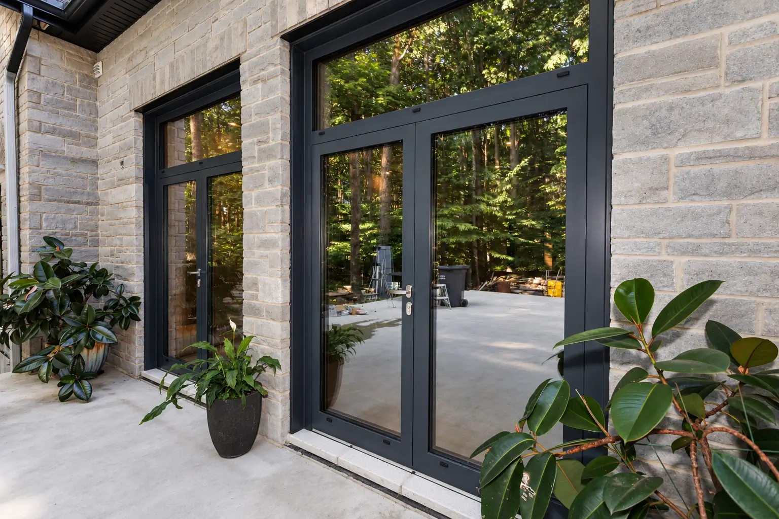 Dark-framed glazed double door with a transom in the stone courtyard wall, a second door beyond and potted plants in front