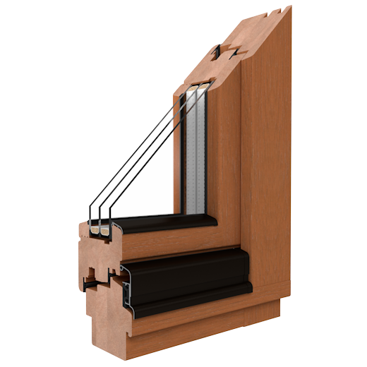 Drutex SOFTLINE 68 wooden window profile cross-section in light oak — 68 mm triple-laminated pine frame with dual EPDM gaskets and double glazing