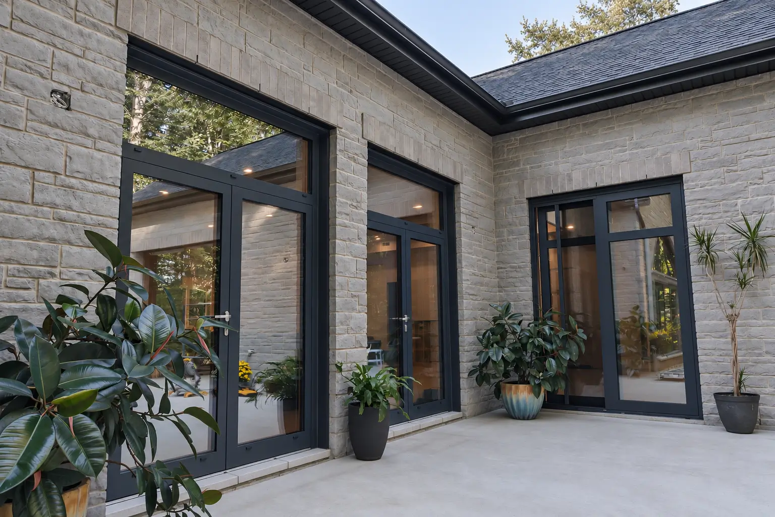 Courtyard with two dark-framed glazed double doors with transoms and a third glazed unit on the adjoining stone wall, with potted plants