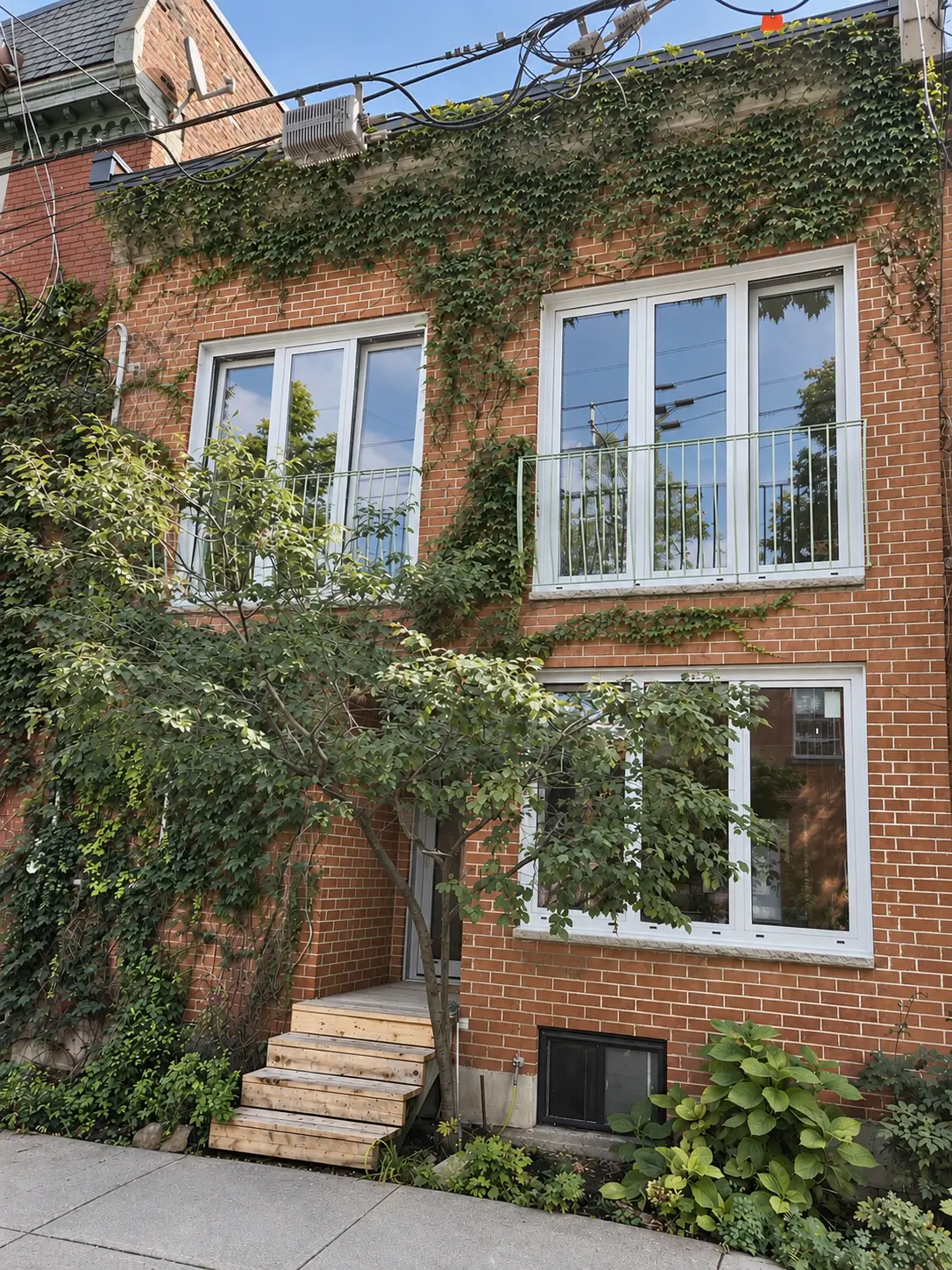 Street view of the ivy-covered red-brick house with three-part windows on both floors and wooden front steps