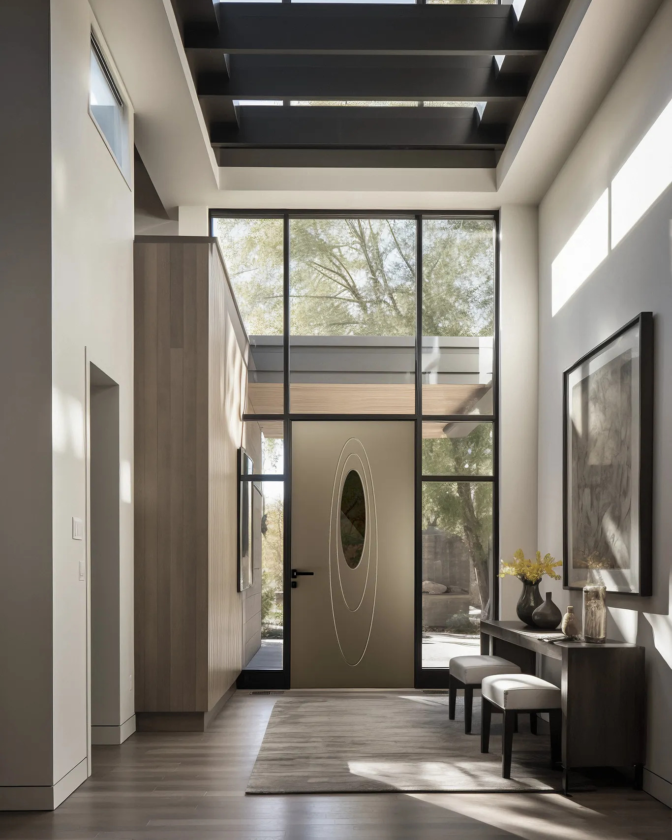 European entry door system with architectural glazing and interior sidelights