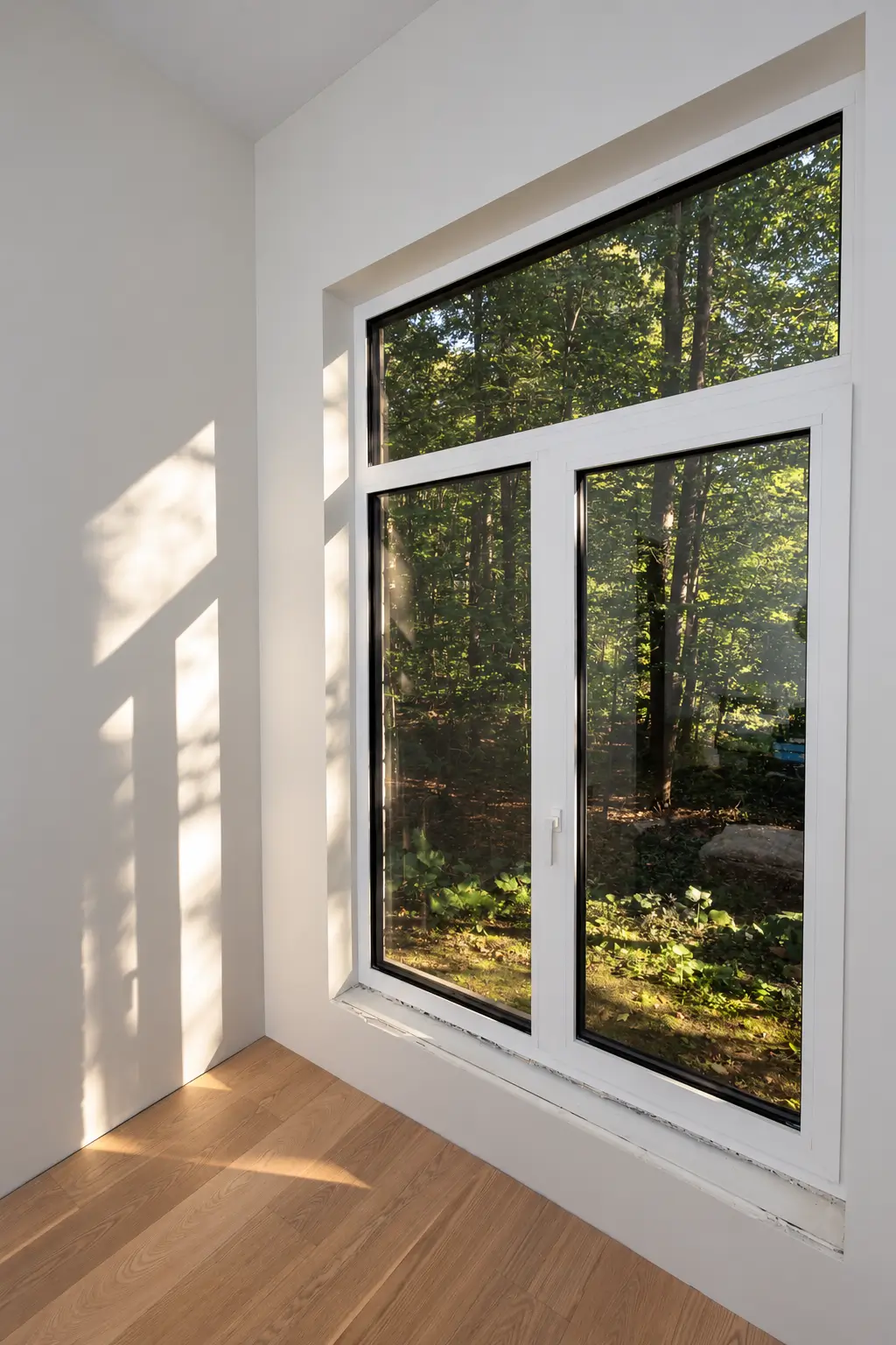 Tall window with a transom in a white room with a wood floor, sunlight casting shadows on the wall