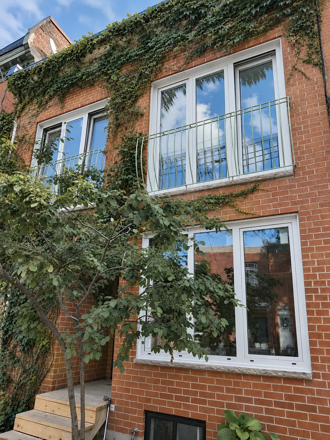 Ivy-covered red-brick facade with three-part windows on two floors and green Juliet-balcony railings, the sky reflected in the glass