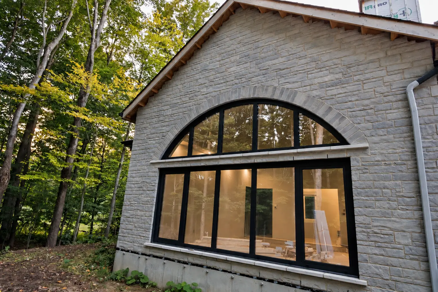 Arched window wall seen from outside, its dark frames set in grey stone and lit from within, with forest alongside
