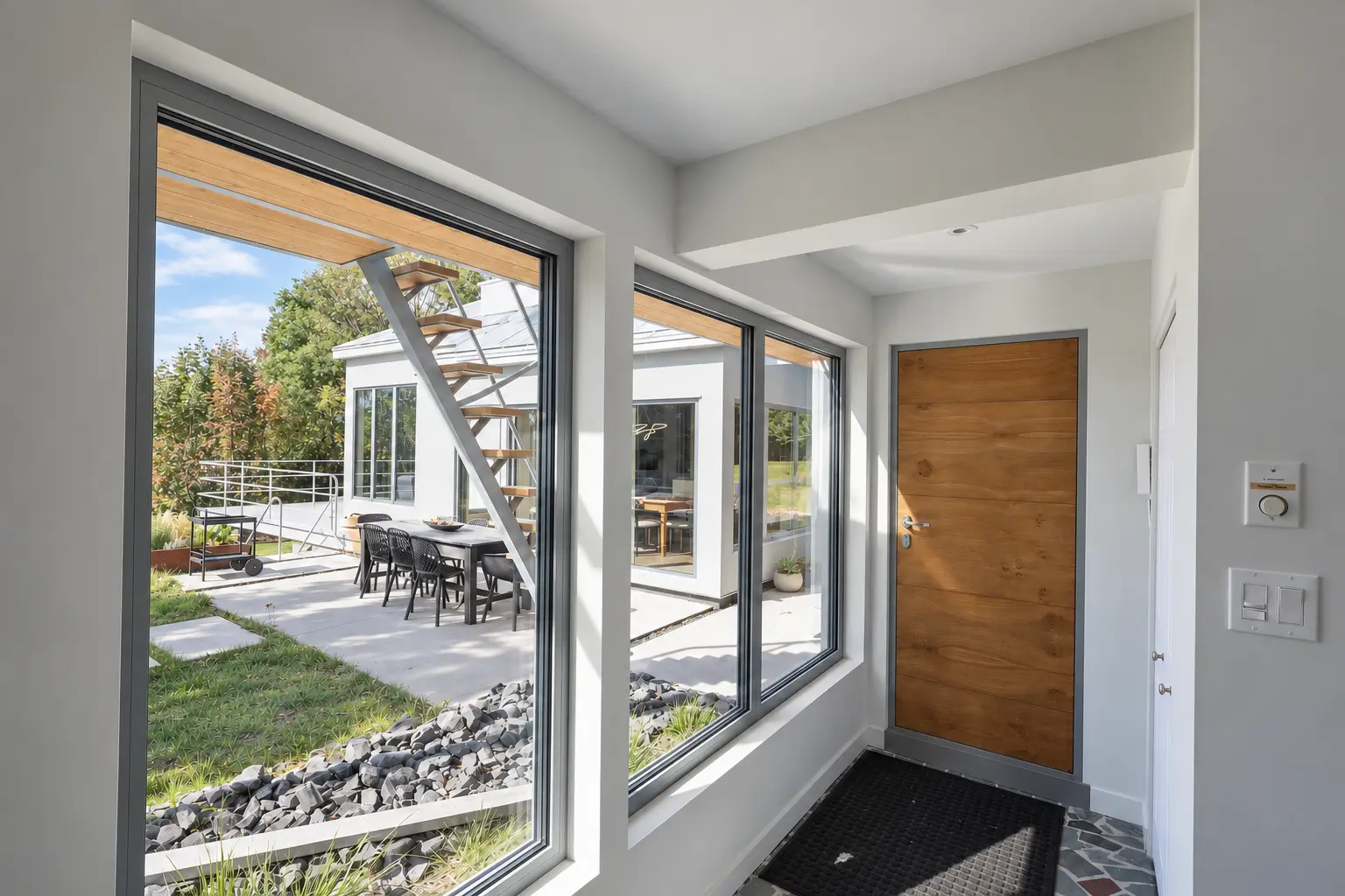 Entrance hall with two large grey-framed windows looking onto the terrace and a wood-finish entry door