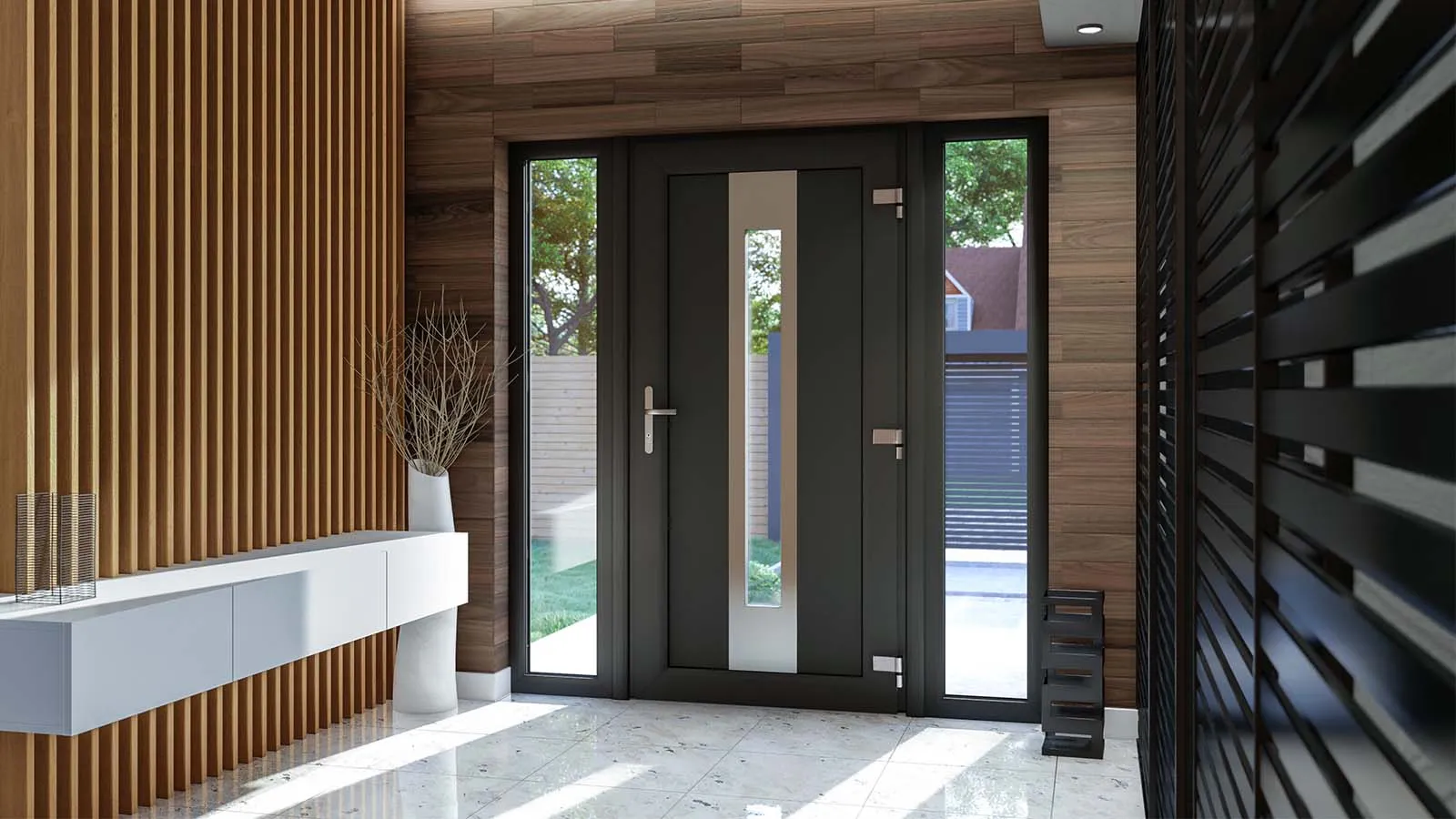 Modern European entry door with sidelights in an architectural interior