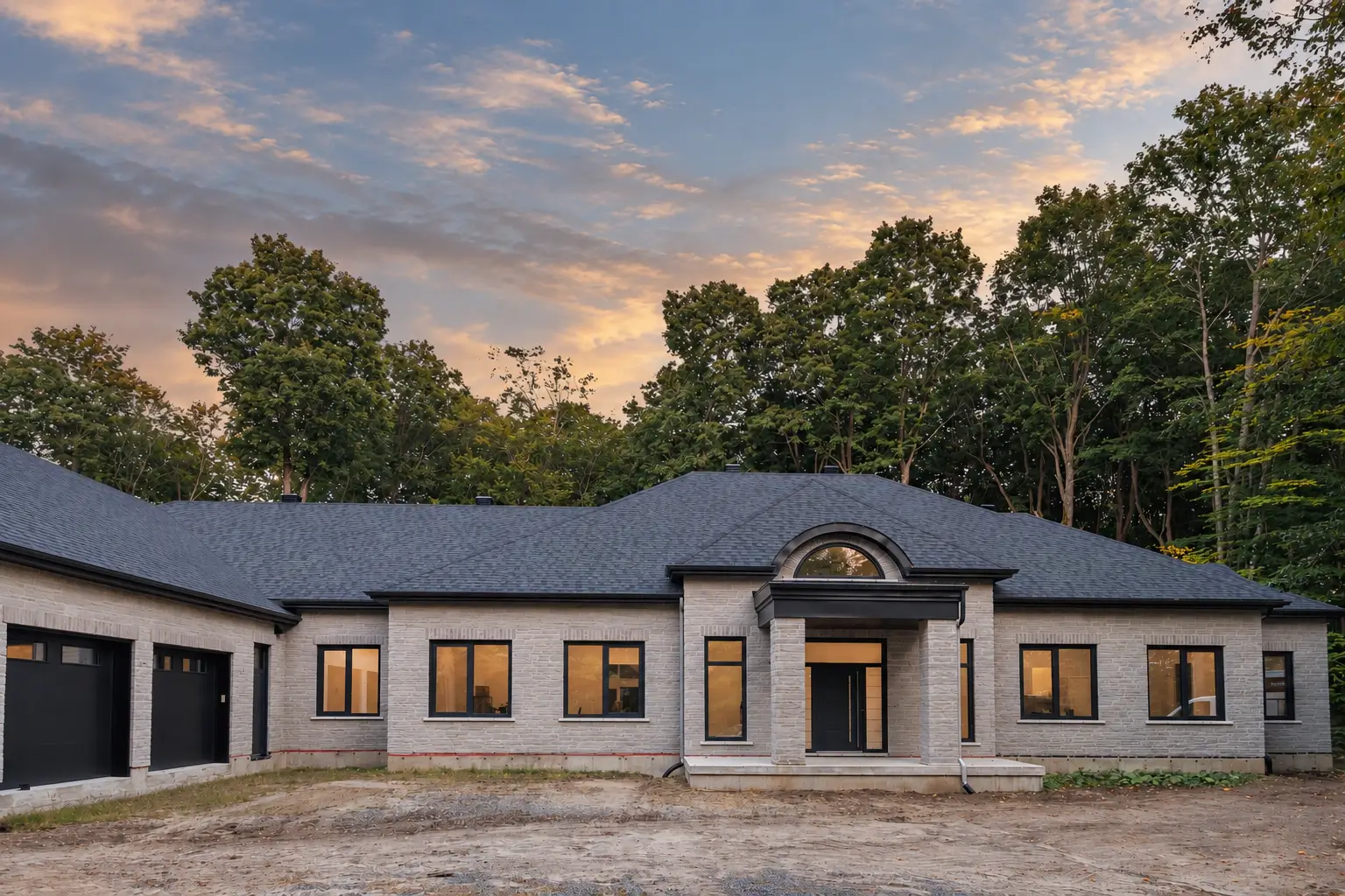Wide view of the stone-clad house at dusk with its garage wing, columned entry and warmly lit dark-framed windows against the forest