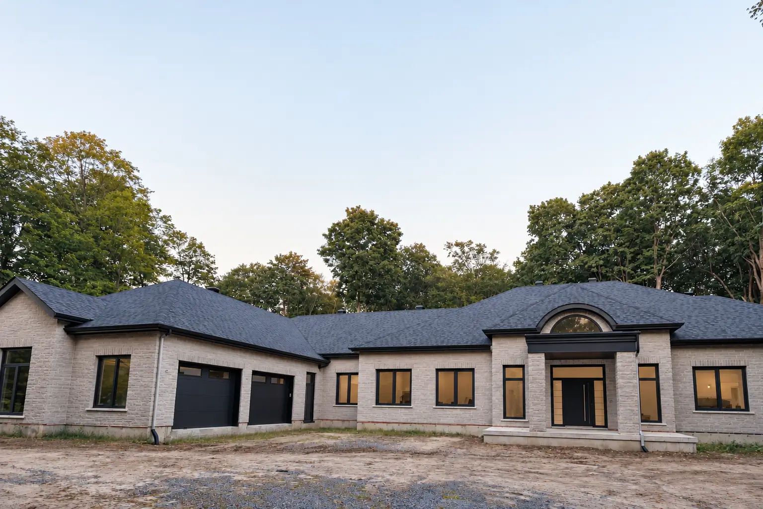 Front of the single-storey stone-clad house seen across an unpaved forecourt, with two dark garage doors, a columned entry and dark-framed windows lit from inside