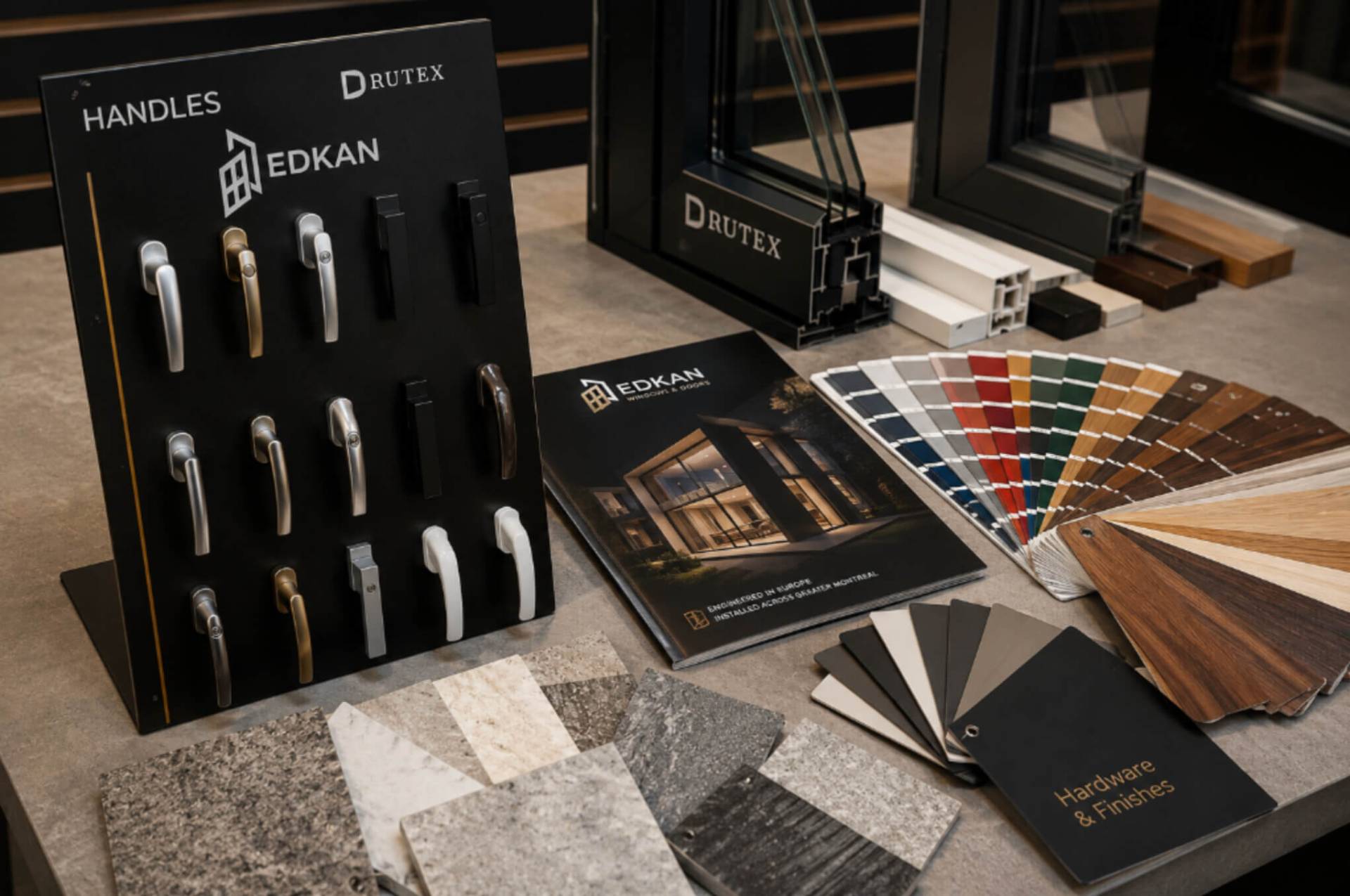Handle options, RAL colour fan, wood-look and matte finish samples for European windows at the EDKAN showroom