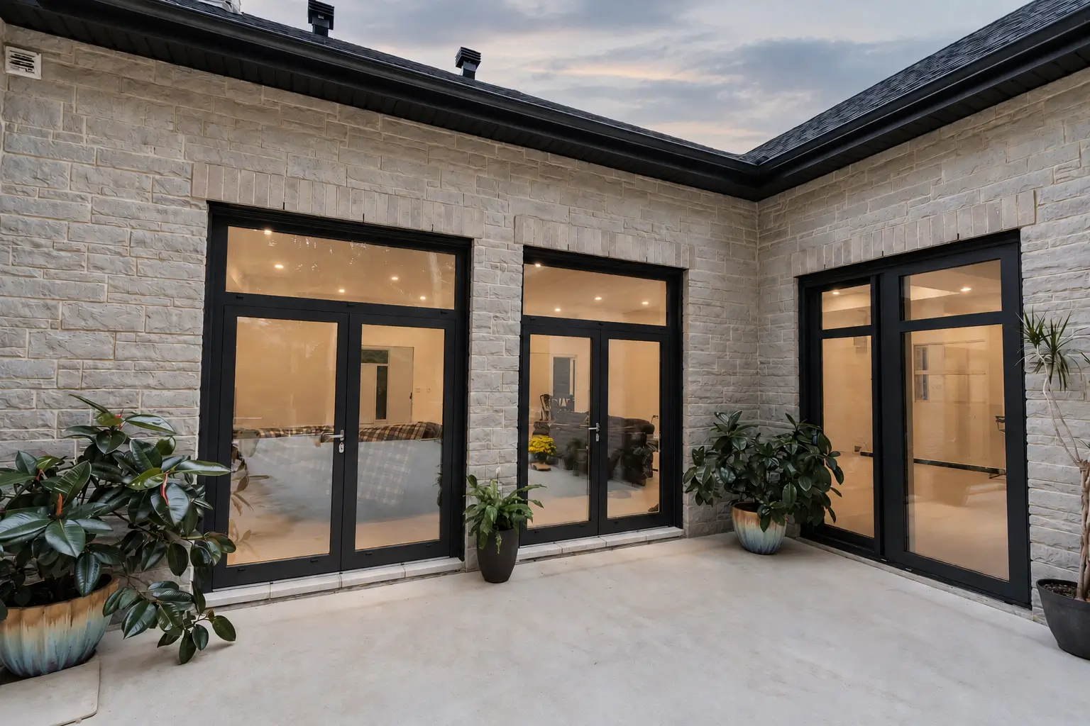 Courtyard at dusk with three dark-framed glazed door units lit from inside, surrounded by potted plants