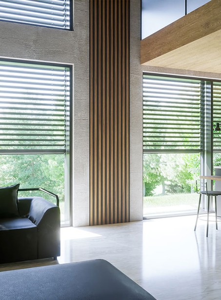 Living room with Z90 exterior venetian blinds and vertical accent