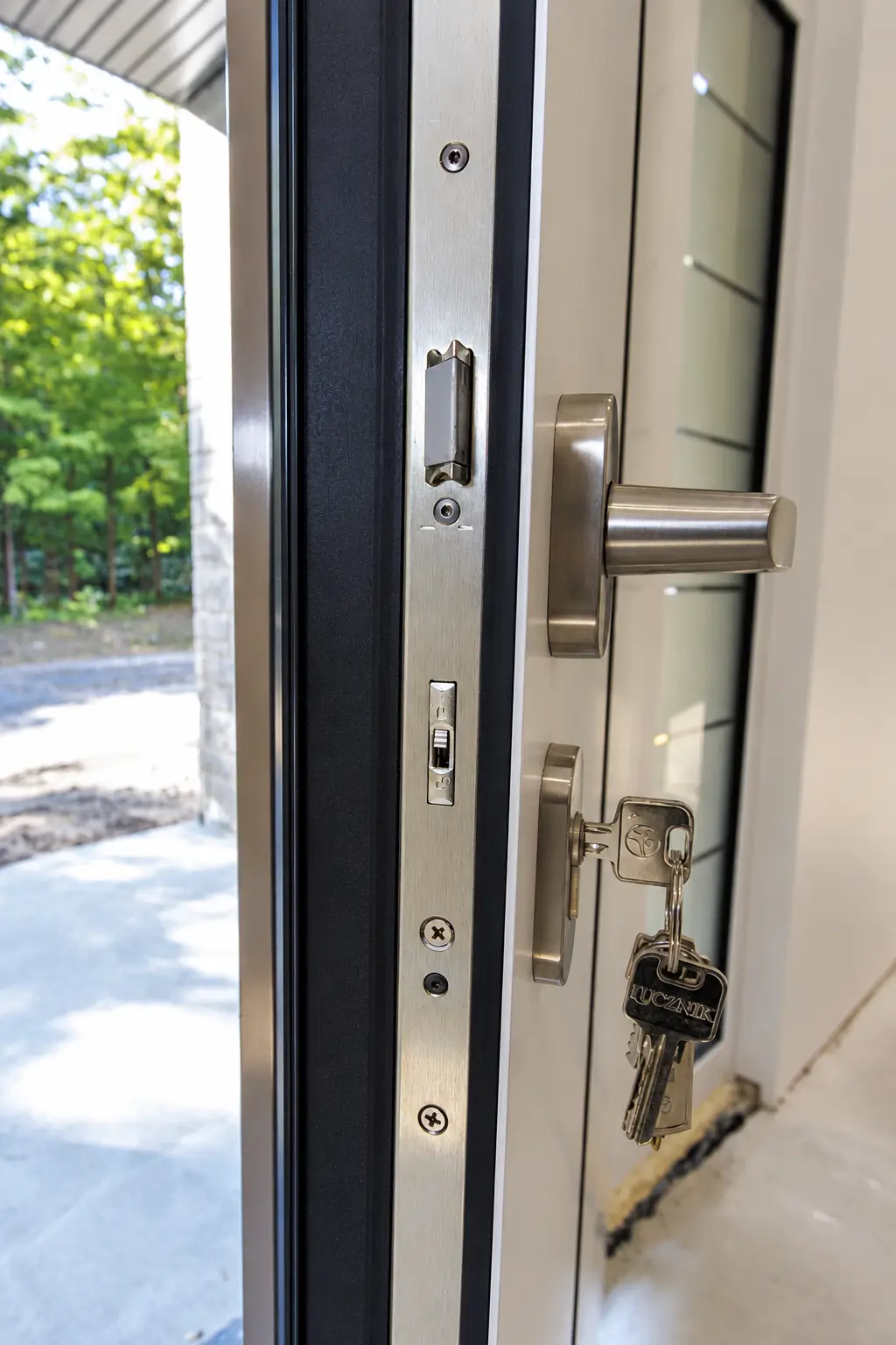 Close-up of the open entry door's edge showing the lock faceplate, lever handle and keys in the cylinder