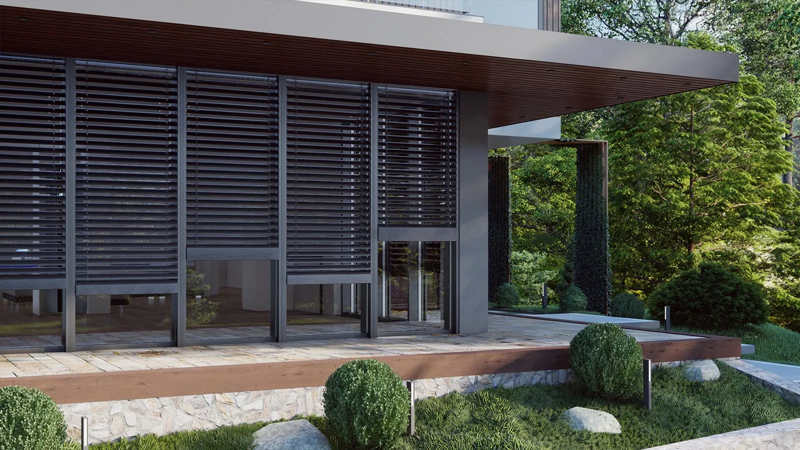Exterior Venetian blinds on a modern home with large glass openings