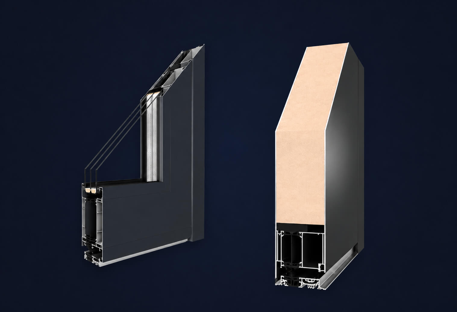 EDKAN entry door and window profile cross-sections showing insulated construction, glazing and frame details