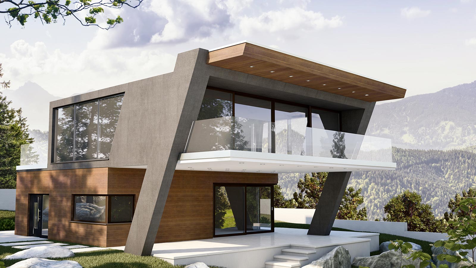 European triple-glazed windows installed on a modern mountain home facade