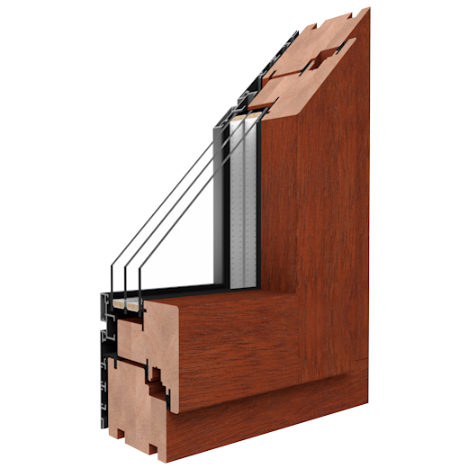 Drutex DUOLINE 68 wood-aluminium window profile cross-section in teak — 68 mm wooden core with protective aluminium exterior cladding and triple glazing