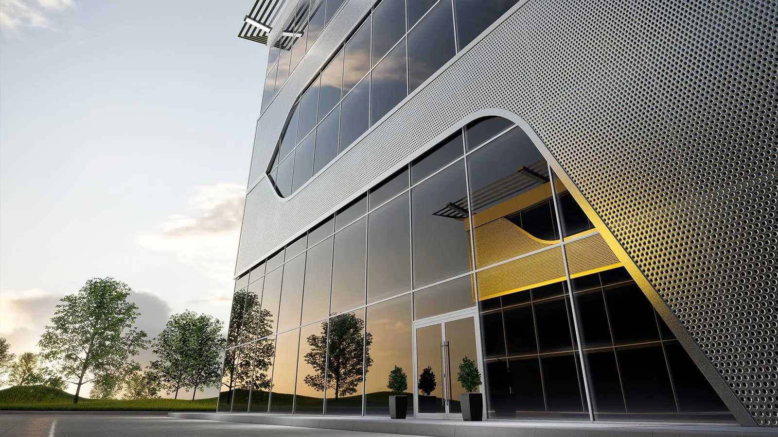 Modern commercial building with an aluminium curtain-wall facade